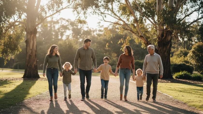A heartwarming, sun-drenched wide shot of a family laughing genuinely during a picnic in Box Hill South, capturing genuine candid family photos Box Hill South, with dappled light filtering through eucalypt trees in the background, professional photography.