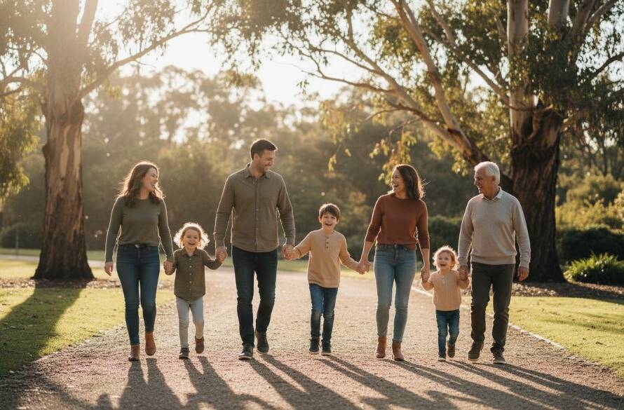 A heartwarming, sun-drenched wide shot of a family laughing genuinely during a picnic in Box Hill South, capturing genuine candid family photos Box Hill South, with dappled light filtering through eucalypt trees in the background, professional photography.