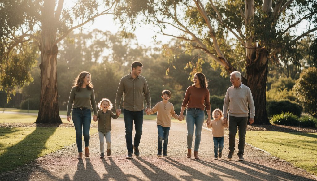 A heartwarming, sun-drenched wide shot of a family laughing genuinely during a picnic in Box Hill South, capturing genuine candid family photos Box Hill South, with dappled light filtering through eucalypt trees in the background, professional photography.