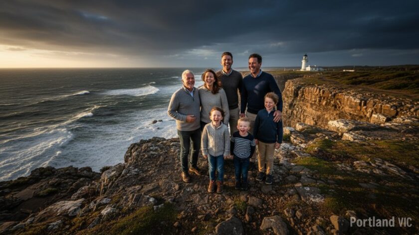 An emotional wide-angle shot capturing genuine candid joy Portland VIC, showing a family laughing heartily on a windswept cliff overlooking the dramatic coastline of Cape Nelson lighthouse at sunset, professional color grading.