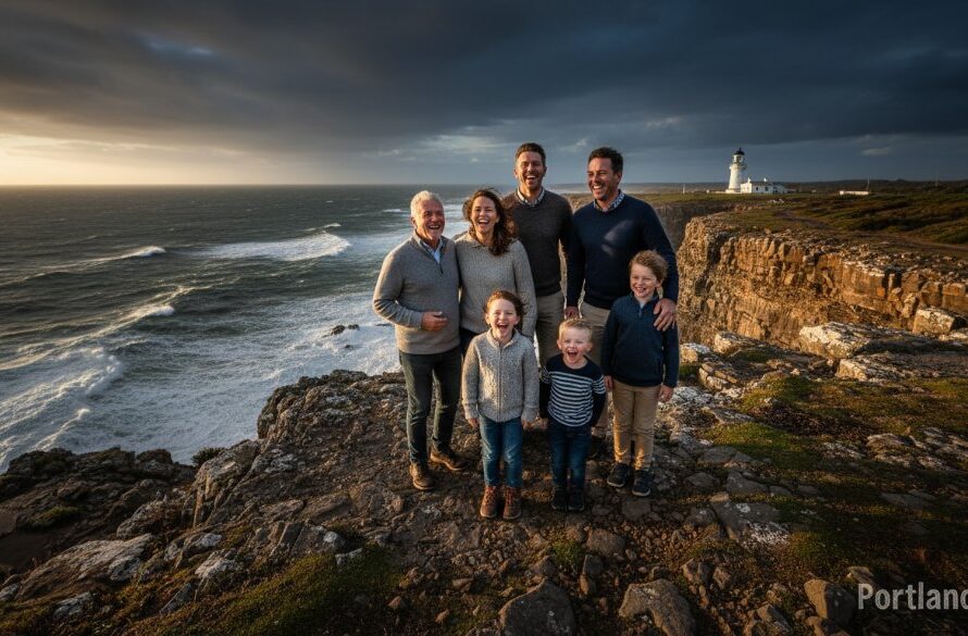 An emotional wide-angle shot capturing genuine candid joy Portland VIC, showing a family laughing heartily on a windswept cliff overlooking the dramatic coastline of Cape Nelson lighthouse at sunset, professional color grading.