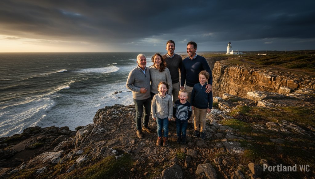 An emotional wide-angle shot capturing genuine candid joy Portland VIC, showing a family laughing heartily on a windswept cliff overlooking the dramatic coastline of Cape Nelson lighthouse at sunset, professional color grading.