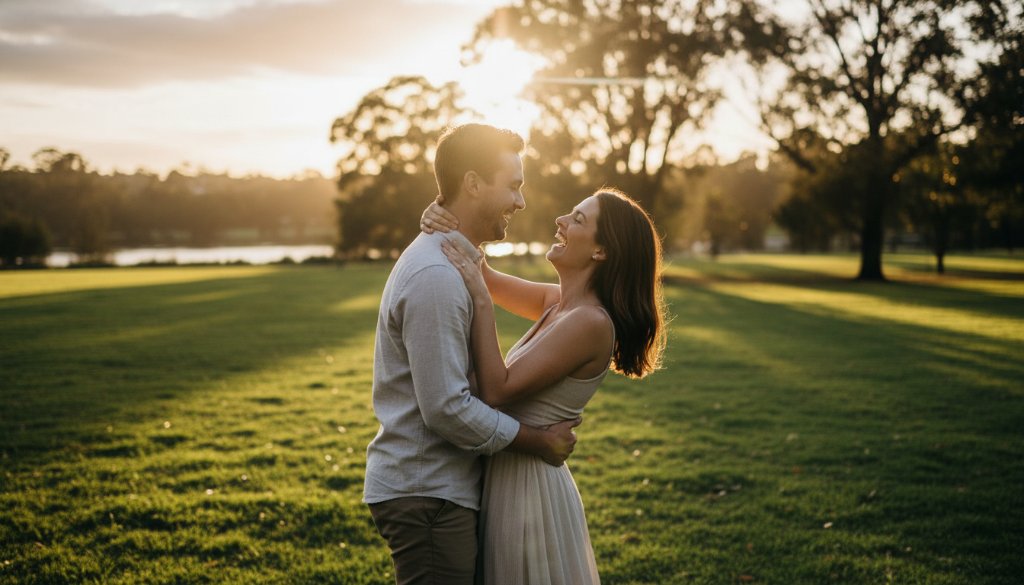 A heartwarming, sun-kissed candid shot of a family laughing joyfully in the natural setting of Keilor Park, Victoria, perfectly embodying the essence of capturing genuine candid memories Keilor Park Victoria, with soft, golden hour lighting highlighting their connection.