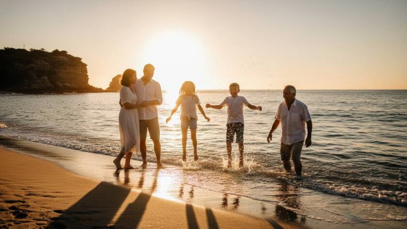 A stunning wide-angle shot of a family laughing joyously by the water's edge at Beaumaris Beach, their genuine candid moments Beaumaris beach illuminated by the golden hour sun, with children splashing and parents embracing, capturing pure unscripted emotion.