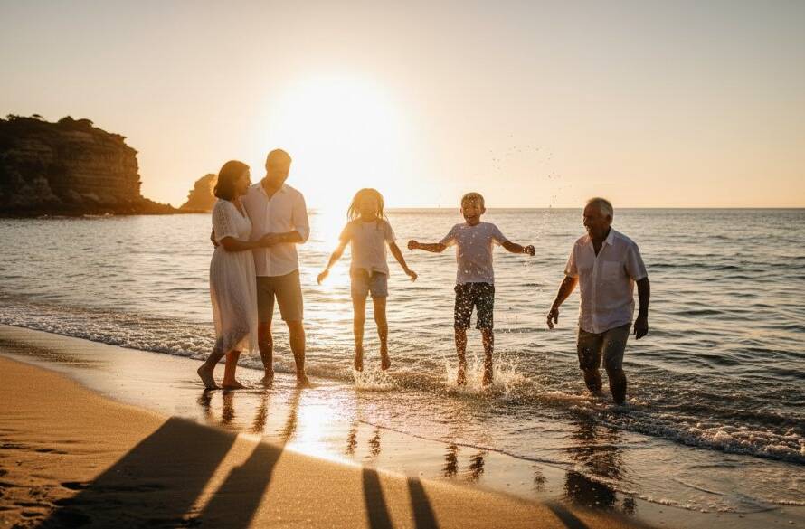 A stunning wide-angle shot of a family laughing joyously by the water's edge at Beaumaris Beach, their genuine candid moments Beaumaris beach illuminated by the golden hour sun, with children splashing and parents embracing, capturing pure unscripted emotion.