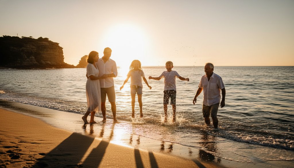 A stunning wide-angle shot of a family laughing joyously by the water's edge at Beaumaris Beach, their genuine candid moments Beaumaris beach illuminated by the golden hour sun, with children splashing and parents embracing, capturing pure unscripted emotion.