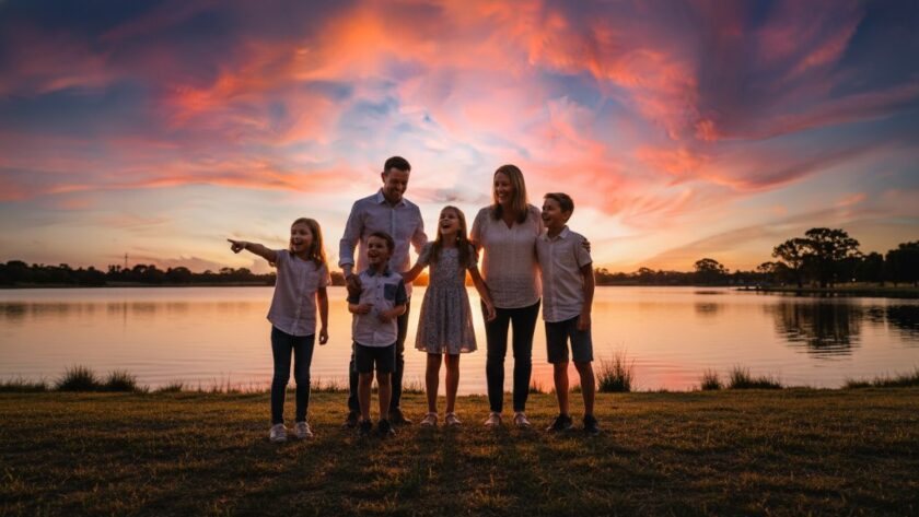 A breathtaking wide shot capturing genuine candid moments in Morwell Victoria, featuring a family laughing joyfully by the Gippsland Heritage Park lake at sunset, bathed in golden hour light with dramatic shadows, showcasing authentic connection and happiness. Professional cinematic photography.