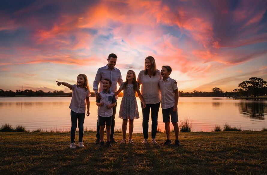 A breathtaking wide shot capturing genuine candid moments in Morwell Victoria, featuring a family laughing joyfully by the Gippsland Heritage Park lake at sunset, bathed in golden hour light with dramatic shadows, showcasing authentic connection and happiness. Professional cinematic photography.