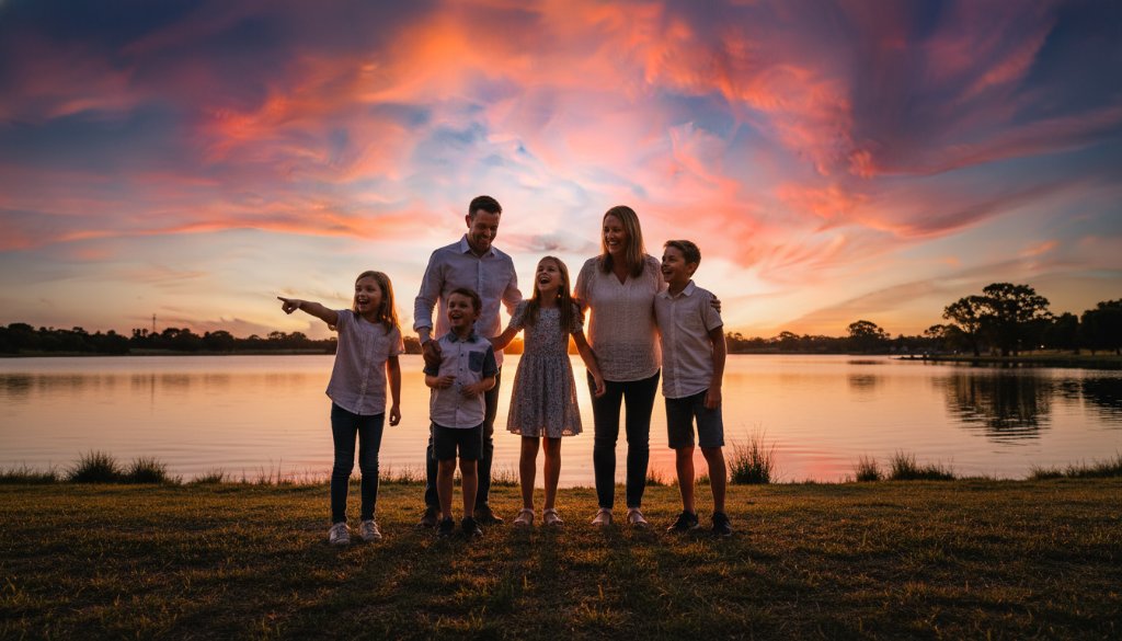 A breathtaking wide shot capturing genuine candid moments in Morwell Victoria, featuring a family laughing joyfully by the Gippsland Heritage Park lake at sunset, bathed in golden hour light with dramatic shadows, showcasing authentic connection and happiness. Professional cinematic photography.