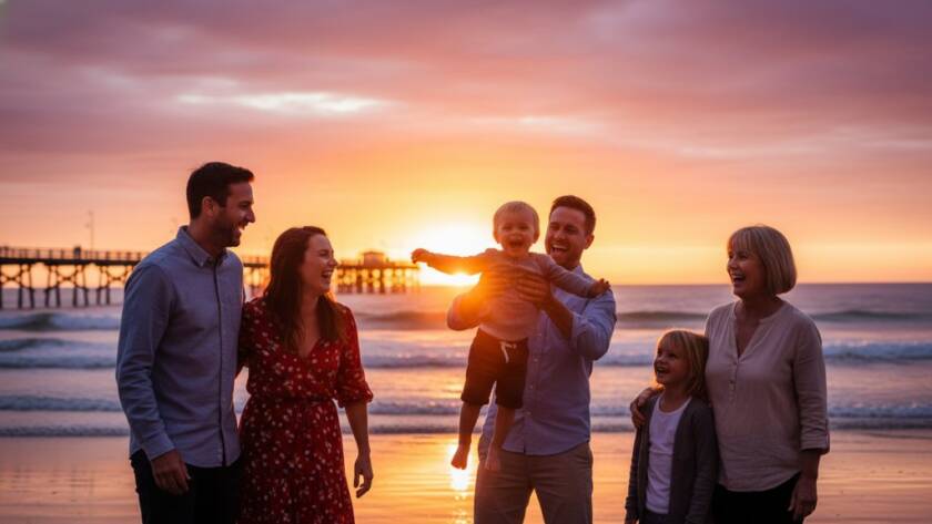 A heartwarming, candid 'epic moment' photograph by Image by SD, capturing genuine candid moments Seaford Victoria: a family laughing joyously on Seaford beach at sunset, silhouetted against a golden sky with the pier in the distance, showcasing authentic connection and emotion.