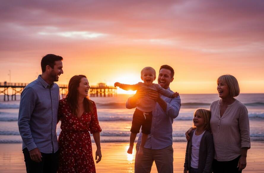 A heartwarming, candid 'epic moment' photograph by Image by SD, capturing genuine candid moments Seaford Victoria: a family laughing joyously on Seaford beach at sunset, silhouetted against a golden sky with the pier in the distance, showcasing authentic connection and emotion.