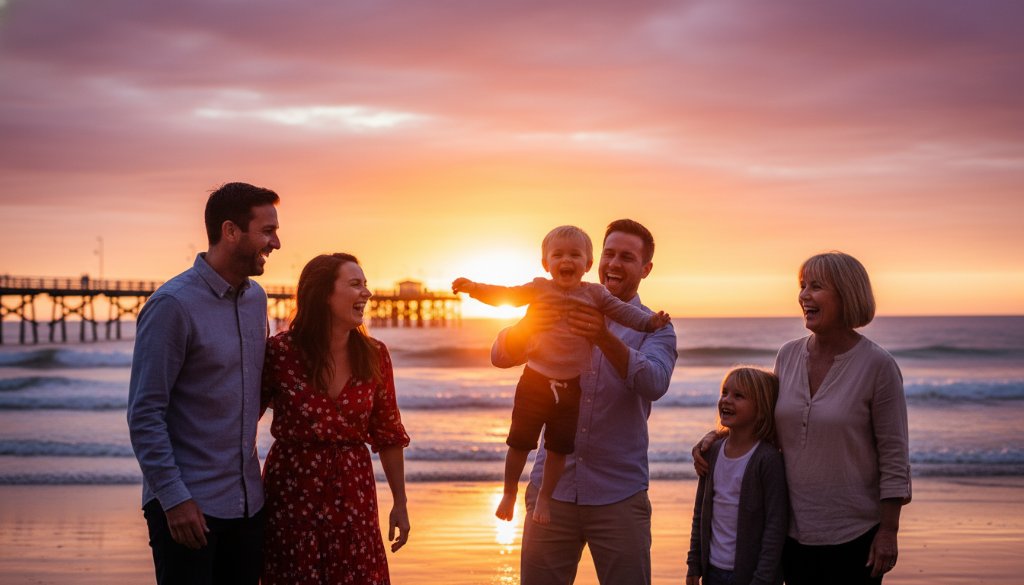 A heartwarming, candid 'epic moment' photograph by Image by SD, capturing genuine candid moments Seaford Victoria: a family laughing joyously on Seaford beach at sunset, silhouetted against a golden sky with the pier in the distance, showcasing authentic connection and emotion.