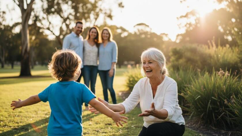 A heartwarming, sun-drenched candid shot of a family laughing joyously together in a Dandenong South park, perfectly capturing genuine Dandenong South family candid moments with dynamic lighting and professional colour grading.