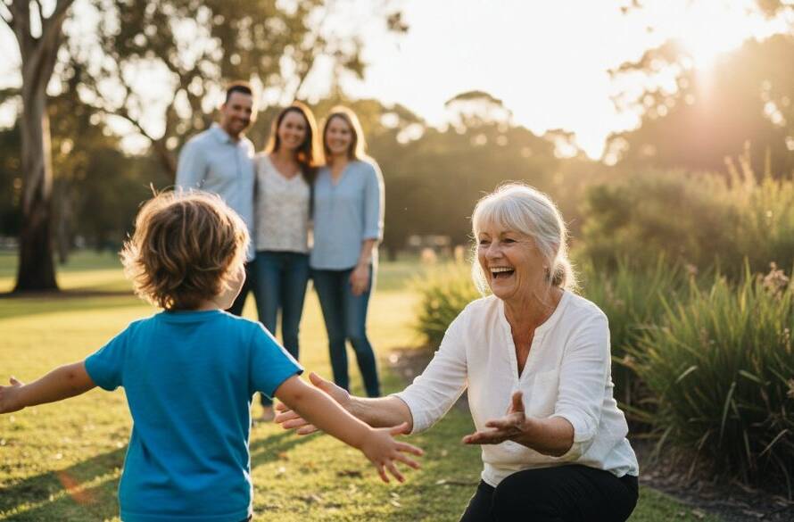 A heartwarming, sun-drenched candid shot of a family laughing joyously together in a Dandenong South park, perfectly capturing genuine Dandenong South family candid moments with dynamic lighting and professional colour grading.