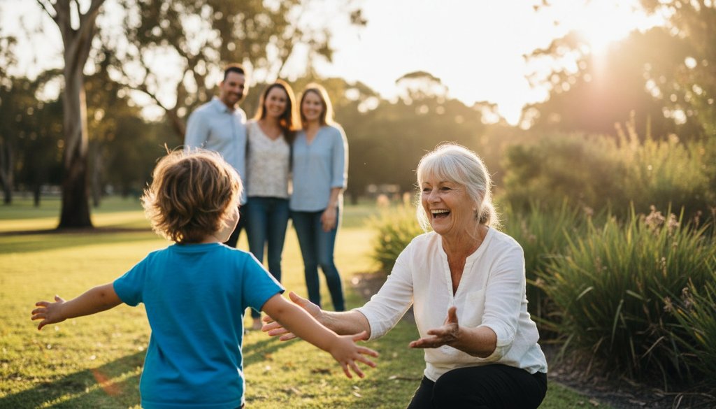 A heartwarming, sun-drenched candid shot of a family laughing joyously together in a Dandenong South park, perfectly capturing genuine Dandenong South family candid moments with dynamic lighting and professional colour grading.