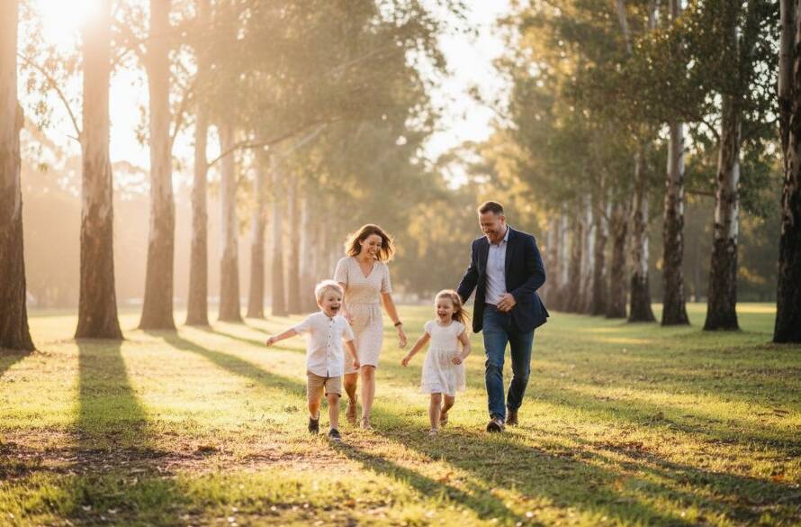 A breathtaking wide-angle candid photograph capturing genuine Eumemmerring family moments candid photography, showing a family laughing joyfully as they walk hand-in-hand through the sun-dappled pathways of a Eumemmerring park at golden hour, with warm, dramatic lighting illuminating their expressions and creating a sense of timeless joy.
