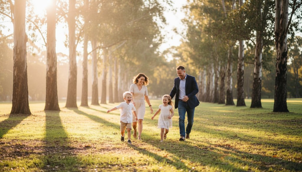 A breathtaking wide-angle candid photograph capturing genuine Eumemmerring family moments candid photography, showing a family laughing joyfully as they walk hand-in-hand through the sun-dappled pathways of a Eumemmerring park at golden hour, with warm, dramatic lighting illuminating their expressions and creating a sense of timeless joy.