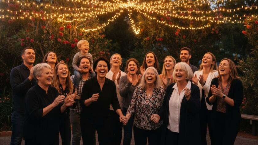 Dynamic wide-angle shot of a joyful community celebration in Blackburn South, Victoria, featuring diverse attendees laughing and interacting under string lights, expertly 'Capturing Genuine Event Moments Blackburn South' with dramatic evening light and vibrant colours.