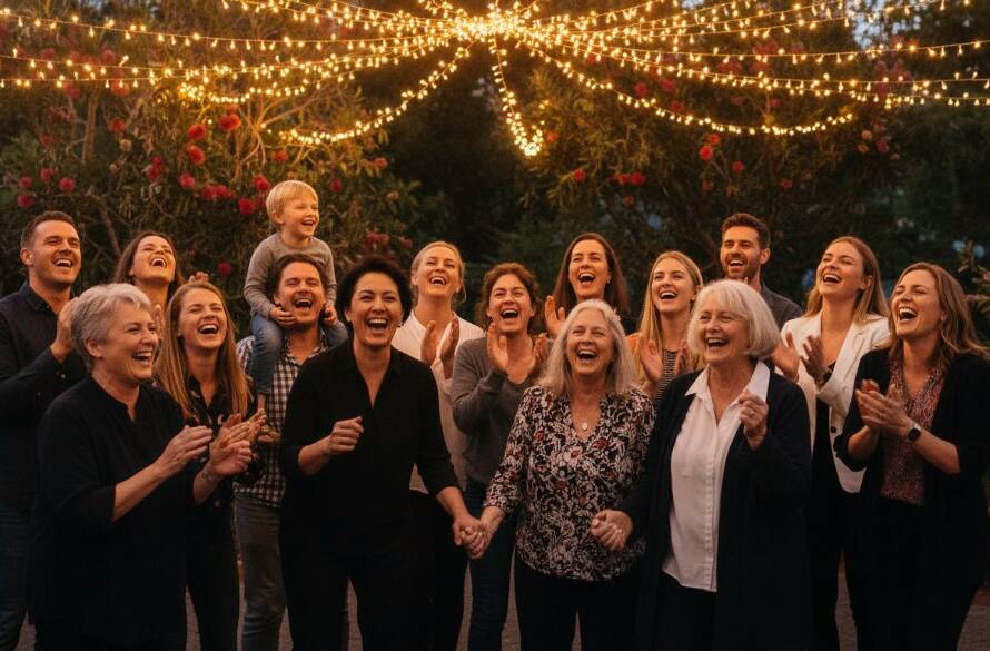 Dynamic wide-angle shot of a joyful community celebration in Blackburn South, Victoria, featuring diverse attendees laughing and interacting under string lights, expertly 'Capturing Genuine Event Moments Blackburn South' with dramatic evening light and vibrant colours.