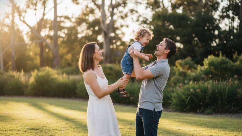 A stunning, professionally colour-graded photograph capturing genuine family joy in Dingley Village, showing parents laughing with their child amidst the vibrant greenery of a local park at sunset, bathed in dramatic golden light.