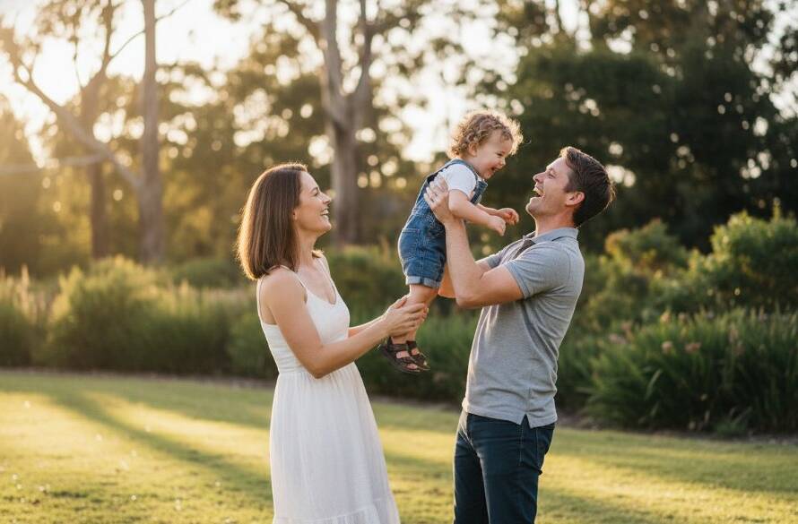 A stunning, professionally colour-graded photograph capturing genuine family joy in Dingley Village, showing parents laughing with their child amidst the vibrant greenery of a local park at sunset, bathed in dramatic golden light.