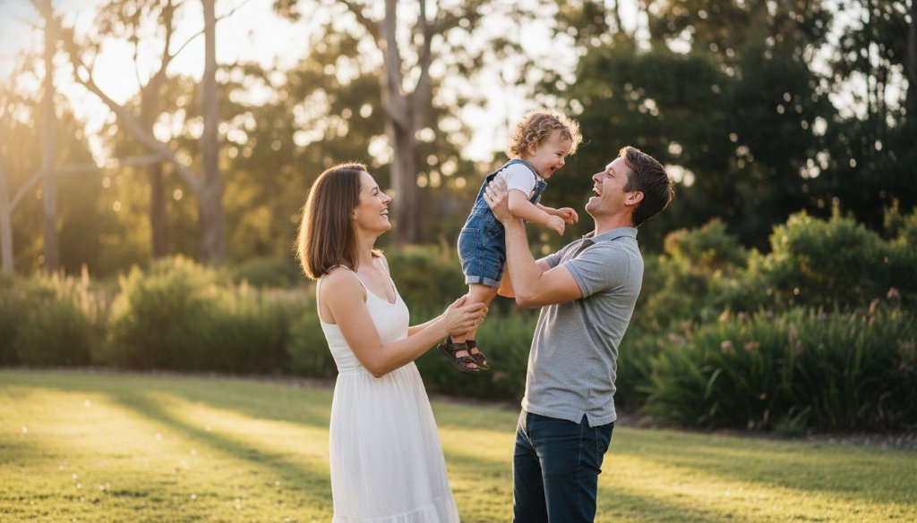 A stunning, professionally colour-graded photograph capturing genuine family joy in Dingley Village, showing parents laughing with their child amidst the vibrant greenery of a local park at sunset, bathed in dramatic golden light.