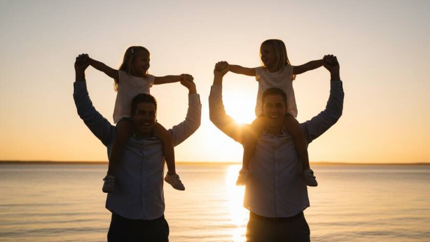 An epic moment capturing genuine family joy Frankston North photography, featuring a family laughing and embracing at sunset near the Frankston North foreshore, with warm, golden light and a blurred natural background.
