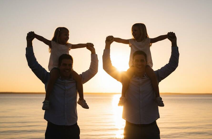 An epic moment capturing genuine family joy Frankston North photography, featuring a family laughing and embracing at sunset near the Frankston North foreshore, with warm, golden light and a blurred natural background.