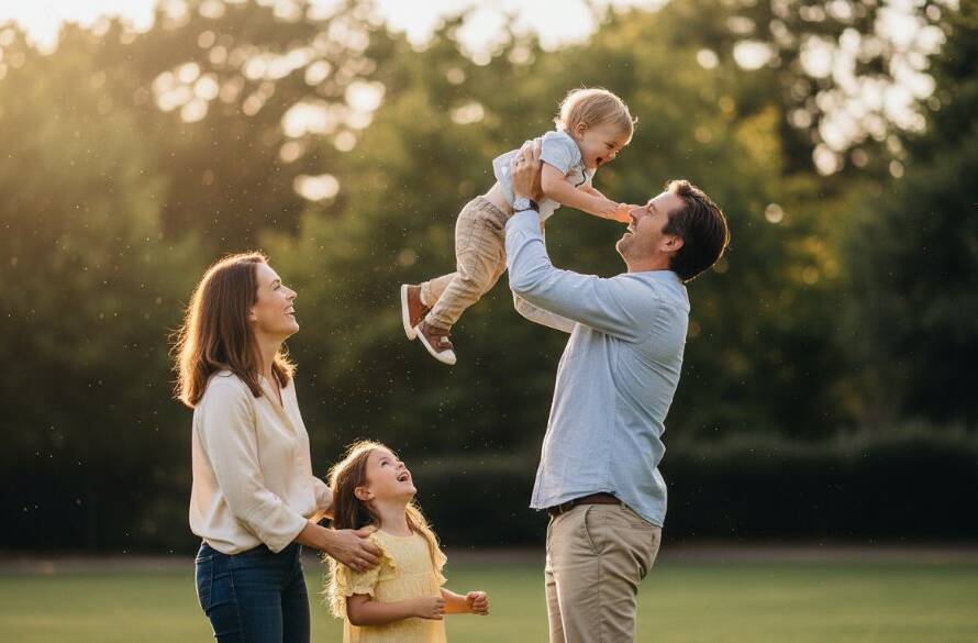 An epic, emotionally resonant photograph capturing genuine family moments Caulfield South, featuring a family laughing joyfully under dramatic golden hour light in a local park, with the father playfully swinging a child, professionally colour-graded.