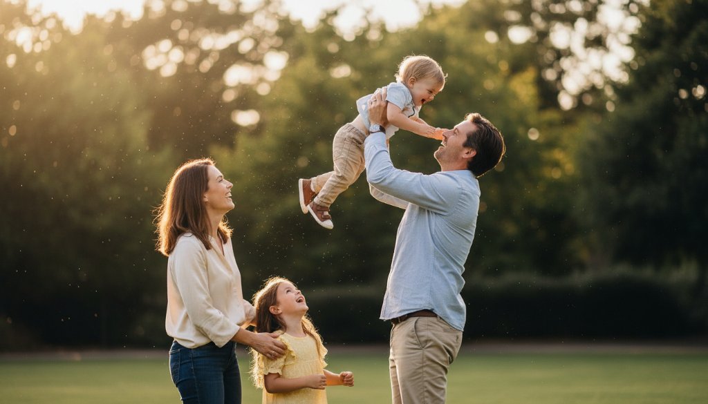 An epic, emotionally resonant photograph capturing genuine family moments Caulfield South, featuring a family laughing joyfully under dramatic golden hour light in a local park, with the father playfully swinging a child, professionally colour-graded.