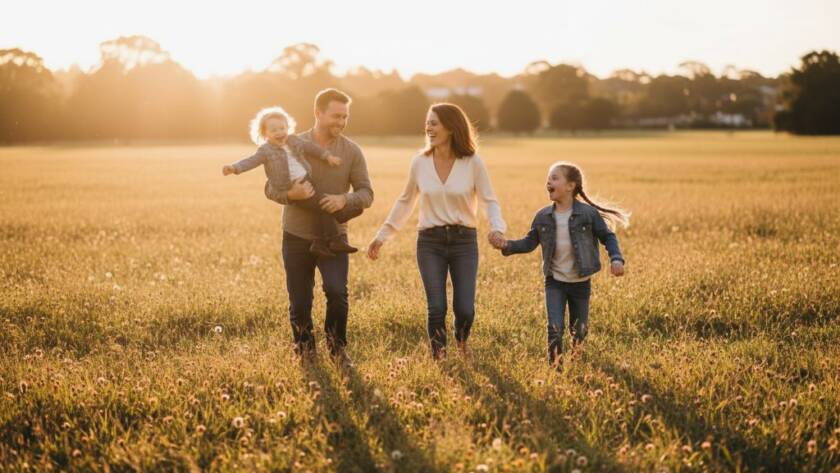 An epic moment of a family laughing joyously in a sun-drenched Gardenvale park, beautifully illustrating capturing genuine family moments Gardenvale VIC with professional, natural light photography.