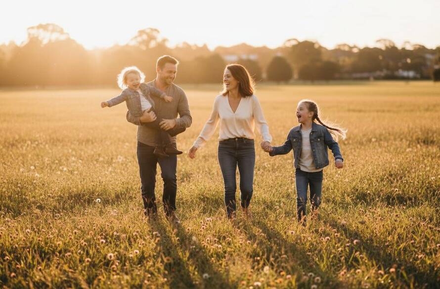 An epic moment of a family laughing joyously in a sun-drenched Gardenvale park, beautifully illustrating capturing genuine family moments Gardenvale VIC with professional, natural light photography.