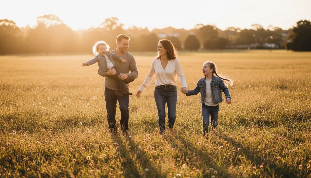 An epic moment of a family laughing joyously in a sun-drenched Gardenvale park, beautifully illustrating capturing genuine family moments Gardenvale VIC with professional, natural light photography.