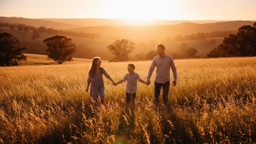 An emotional, cinematic photograph capturing genuine family moments Hepburn Springs at golden hour, with parents embracing their laughing children amidst the lush, natural landscape near Lake Daylesford, bathed in warm, dramatic sunlight. Professional photography, rich colours, bokeh.