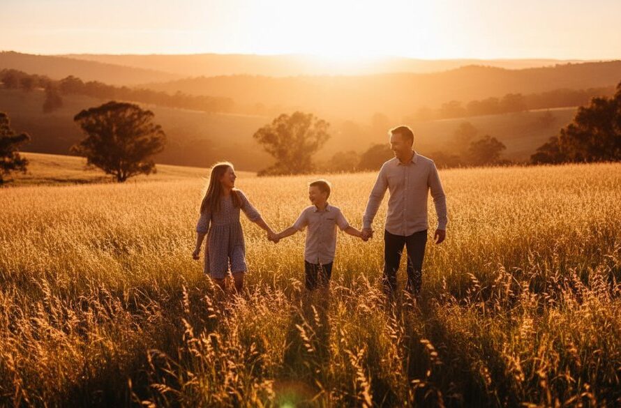 An emotional, cinematic photograph capturing genuine family moments Hepburn Springs at golden hour, with parents embracing their laughing children amidst the lush, natural landscape near Lake Daylesford, bathed in warm, dramatic sunlight. Professional photography, rich colours, bokeh.