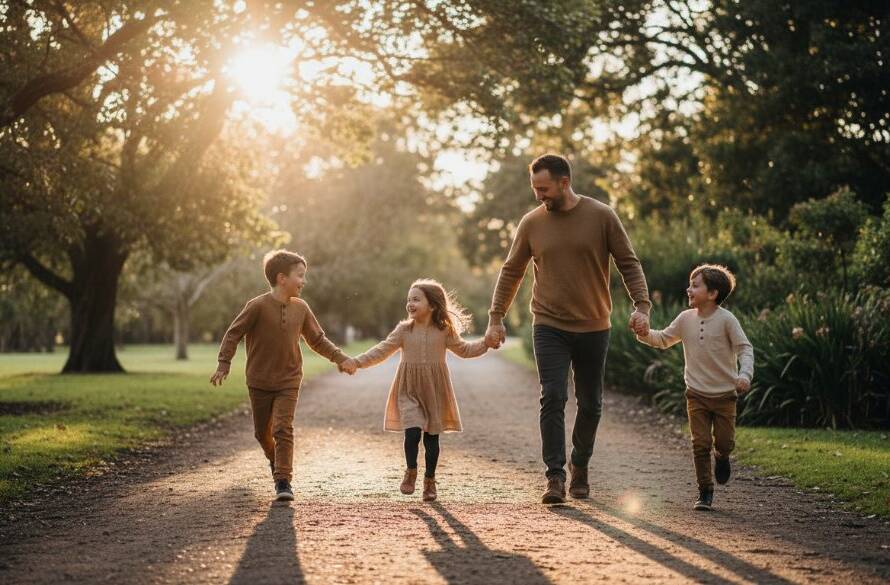 An epic, emotionally resonant photograph capturing genuine family moments Mitcham Victoria, featuring a family laughing joyfully amidst the golden hour light in a Mitcham park, professionally colour-graded.