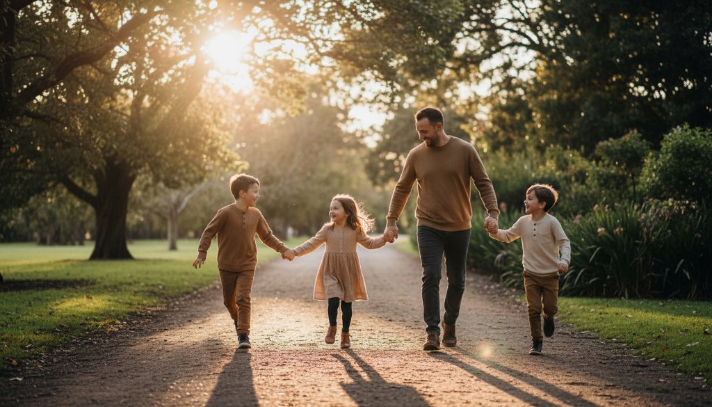 An epic, emotionally resonant photograph capturing genuine family moments Mitcham Victoria, featuring a family laughing joyfully amidst the golden hour light in a Mitcham park, professionally colour-graded.