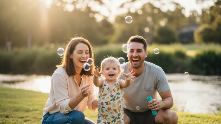 An authentic, emotionally resonant photograph of a family laughing spontaneously while enjoying a picnic near Stony Creek in South Kingsville, capturing genuine family moments South Kingsville under warm afternoon light with a shallow depth of field.