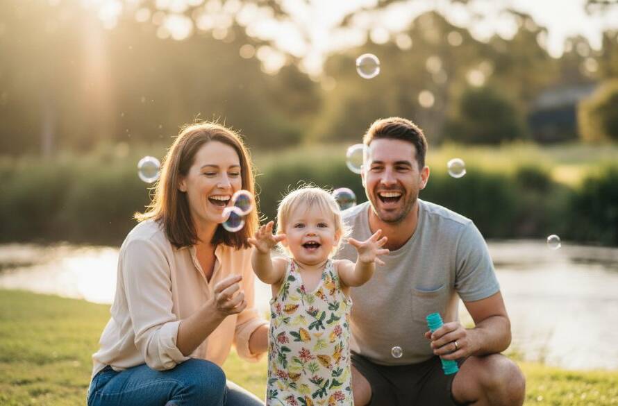 An authentic, emotionally resonant photograph of a family laughing spontaneously while enjoying a picnic near Stony Creek in South Kingsville, capturing genuine family moments South Kingsville under warm afternoon light with a shallow depth of field.