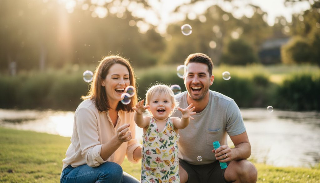 An authentic, emotionally resonant photograph of a family laughing spontaneously while enjoying a picnic near Stony Creek in South Kingsville, capturing genuine family moments South Kingsville under warm afternoon light with a shallow depth of field.