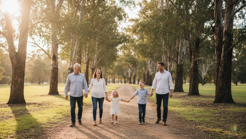 Capturing genuine family moments Vermont Victoria: A multi-generational family laughing joyfully under dappled sunlight in a lush Vermont park, embracing warmly, showcasing genuine connection and happiness.