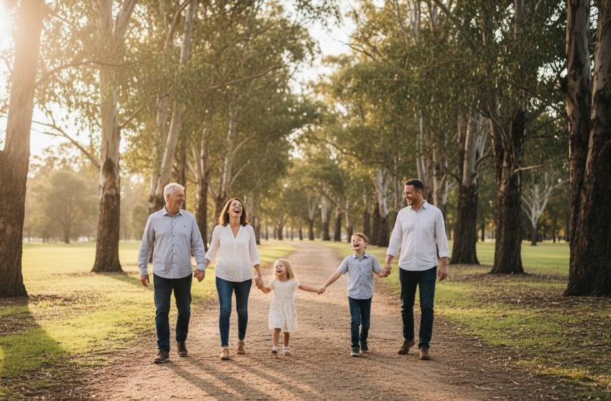 Capturing genuine family moments Vermont Victoria: A multi-generational family laughing joyfully under dappled sunlight in a lush Vermont park, embracing warmly, showcasing genuine connection and happiness.