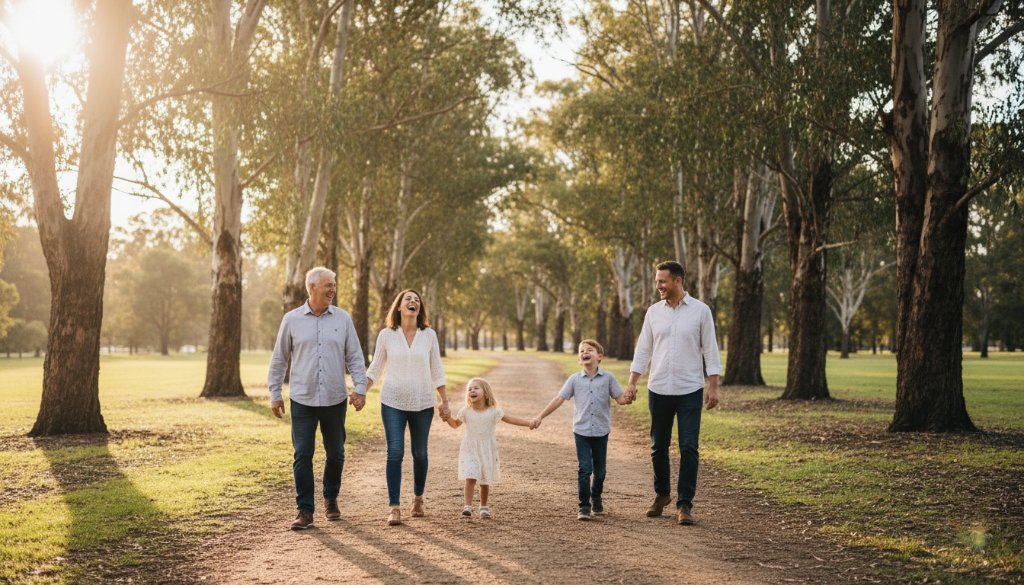 Capturing genuine family moments Vermont Victoria: A multi-generational family laughing joyfully under dappled sunlight in a lush Vermont park, embracing warmly, showcasing genuine connection and happiness.