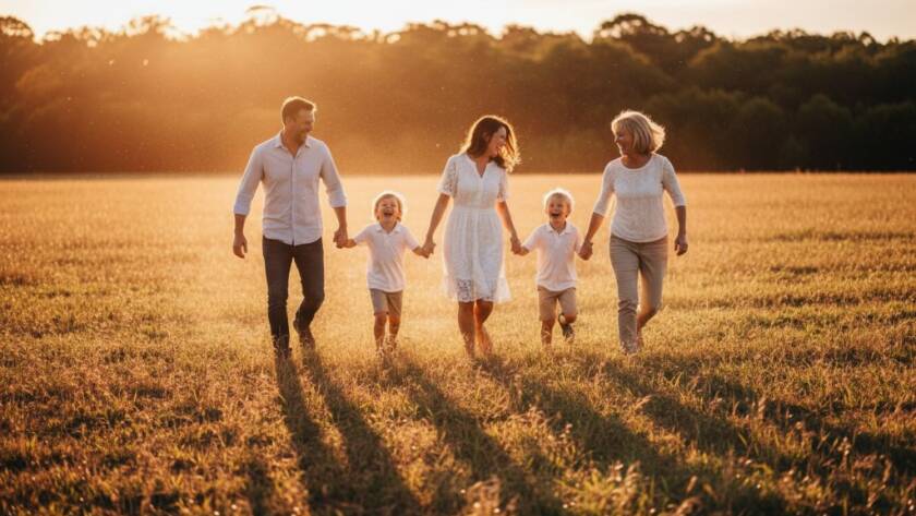 A candid, sun-drenched photograph capturing genuine family moments Williams Landing, featuring a family laughing joyfully as they walk hand-in-hand through a golden field at sunset, with children running playfully ahead, expertly lit with dramatic backlighting and vibrant cinematic colour grading.