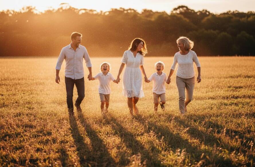 A candid, sun-drenched photograph capturing genuine family moments Williams Landing, featuring a family laughing joyfully as they walk hand-in-hand through a golden field at sunset, with children running playfully ahead, expertly lit with dramatic backlighting and vibrant cinematic colour grading.