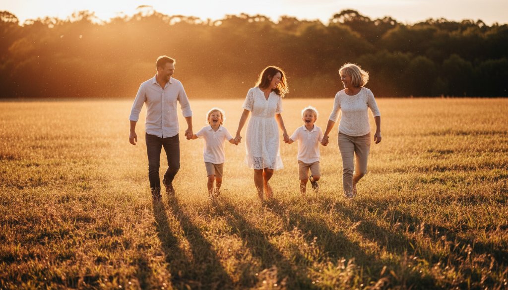 A candid, sun-drenched photograph capturing genuine family moments Williams Landing, featuring a family laughing joyfully as they walk hand-in-hand through a golden field at sunset, with children running playfully ahead, expertly lit with dramatic backlighting and vibrant cinematic colour grading.