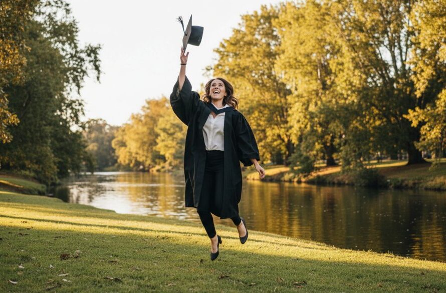 A vibrant, cinematic photograph of a proud graduate joyfully tossing their mortarboard in the air against the iconic backdrop of the Barwon River in Drumcondra, Victoria, bathed in golden hour light, capturing genuine graduation memories Drumcondra Victoria with dramatic flair and professional colour grading.