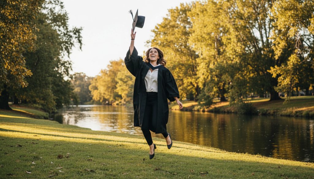 A vibrant, cinematic photograph of a proud graduate joyfully tossing their mortarboard in the air against the iconic backdrop of the Barwon River in Drumcondra, Victoria, bathed in golden hour light, capturing genuine graduation memories Drumcondra Victoria with dramatic flair and professional colour grading.