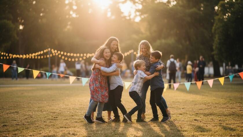 An epic moment of genuine laughter and connection, Capturing genuine joy at Mitcham community events, with guests embracing under warm string lights at a local Mitcham park, expertly photographed with beautiful bokeh and golden hour light.