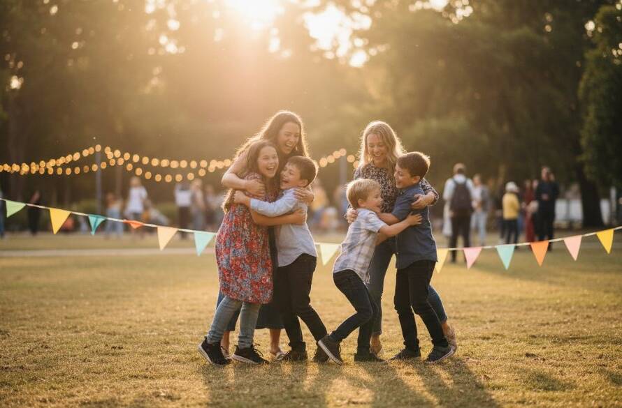 An epic moment of genuine laughter and connection, Capturing genuine joy at Mitcham community events, with guests embracing under warm string lights at a local Mitcham park, expertly photographed with beautiful bokeh and golden hour light.